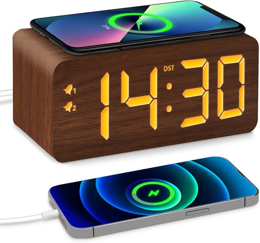 URAYCO Wood Digital Alarm Clock with 10W Fast Wireless Charger, USB Charging Ports, DST, Dimmable, Snooze, Large Number LED Display for Bedrooms, Desk, Living Room Table, Bedside, Nightstand (Brown)