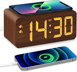 URAYCO Wood Digital Alarm Clock with 10W Fast Wireless Charger, USB Charging Ports, DST, Dimmable, Snooze, Large Number LED Display for Bedrooms, Desk, Living Room Table, Bedside, Nightstand (Brown)