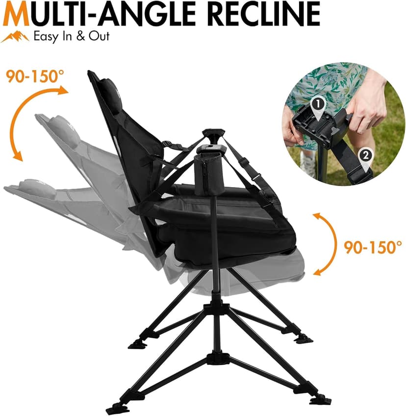 Portal Hammock Camping Chair Heavy Duty 400lbs - Swinging Chair Outdoor with Adjustable Recline & Headrest Pillow, Portable Hammock Swing Chair for Camping Beach Sports Events, Black