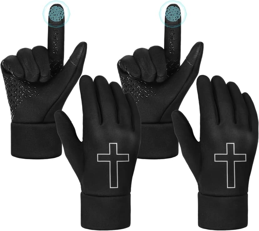 Newcotte 2 Pairs Winter Gloves for Men Women Black Faith Cross Running Gloves Touchscreen Lightweight Anti-Slip Warm Windproof Thermal Liner for Cold Weather Football Cycling Biking Skiing