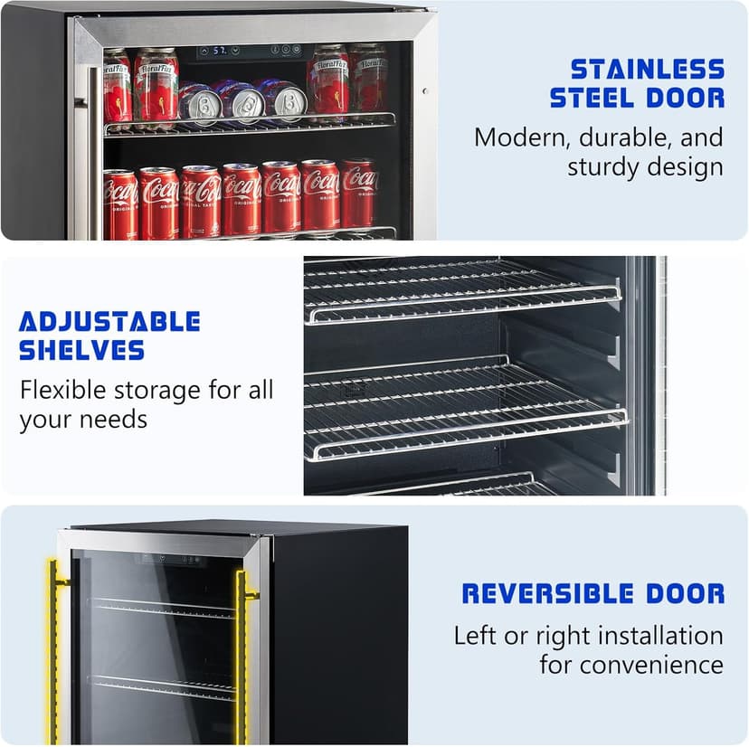 Albott Beverage Refrigerator-24 In fridge with Glass Door, Adjustable Shelves and LED Touch Panel, Under Counter Design for Wine Beer, Built-In or Freestanding Use, 34-64℉