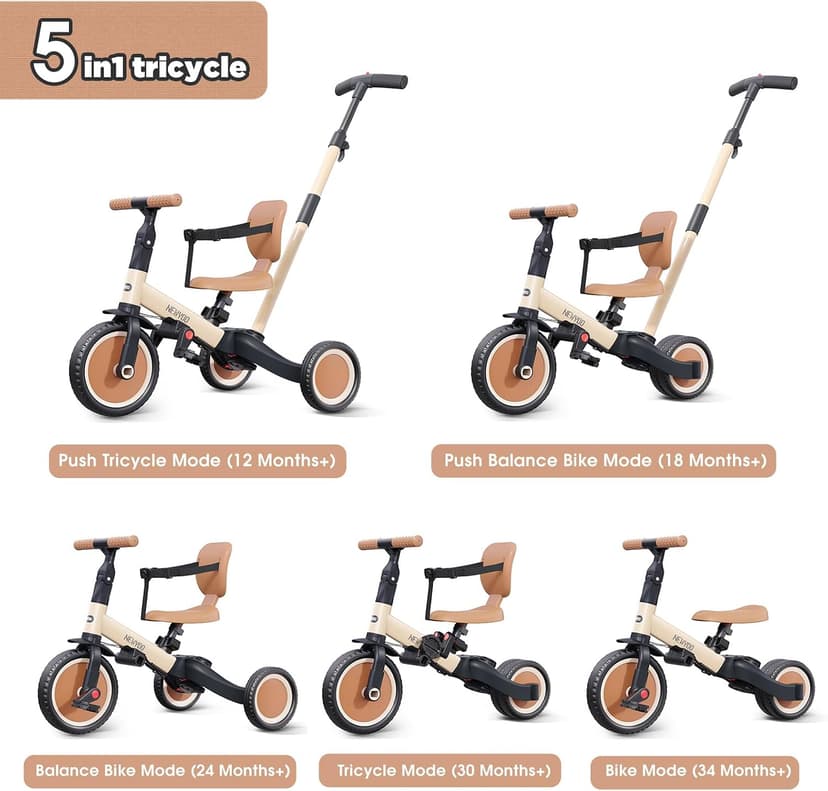 Toddler Trike with Push Handle Lets Parents Steer and Converts to Balance Bike, Fun Outdoor Toy for Boys and Girls, Khaki newyoo TR007 5-in-1 Tricycle for Toddlers 1-3, Toddler Bike, Birthday Gift B0CWLTLC2F