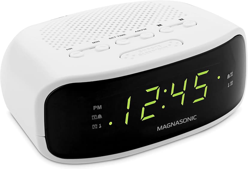 Magnasonic Digital AM/FM Clock Radio with Battery Backup, Dual Alarm, Sleep & Snooze Functions, Display Dimming Option,White (EAAC201)