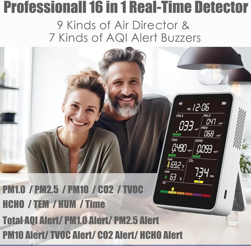 Professional Indoor Air Quality Monitor with AQI Alerts, Portable Real-Time Detector for Home, Car, Plants & Pet (Milk White)