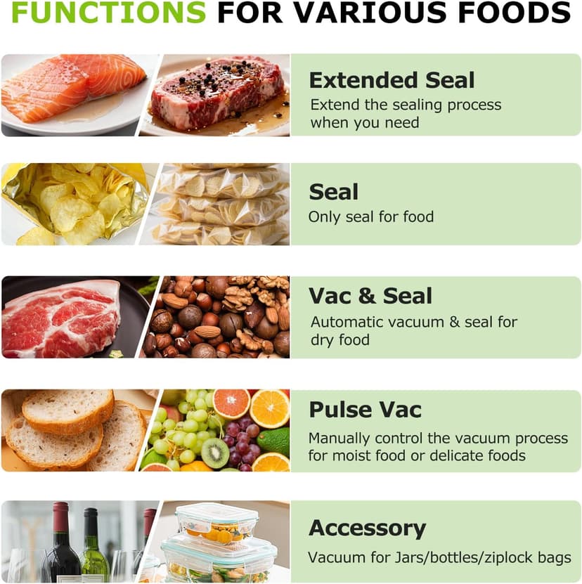 Bonsenkitchen Vacuum Sealer for Food, Easy-Lock Handle Vacuum Sealer Machine with Bag Clip, Built-in Cutter and Bag Storage for Sous Vide and Meal Prep, 1 Roll Bag & 10 Pre-Cut Bags, Silver