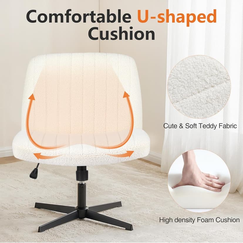 Sweetcrispy Criss Cross Chair Legged, Furry Armless Office Swivel Desk Chairs No Wheels, Vanity Height Adjustable Wide Seat Comfy Cute Computer Task Chair for Home Bedroom, Teddy Beige