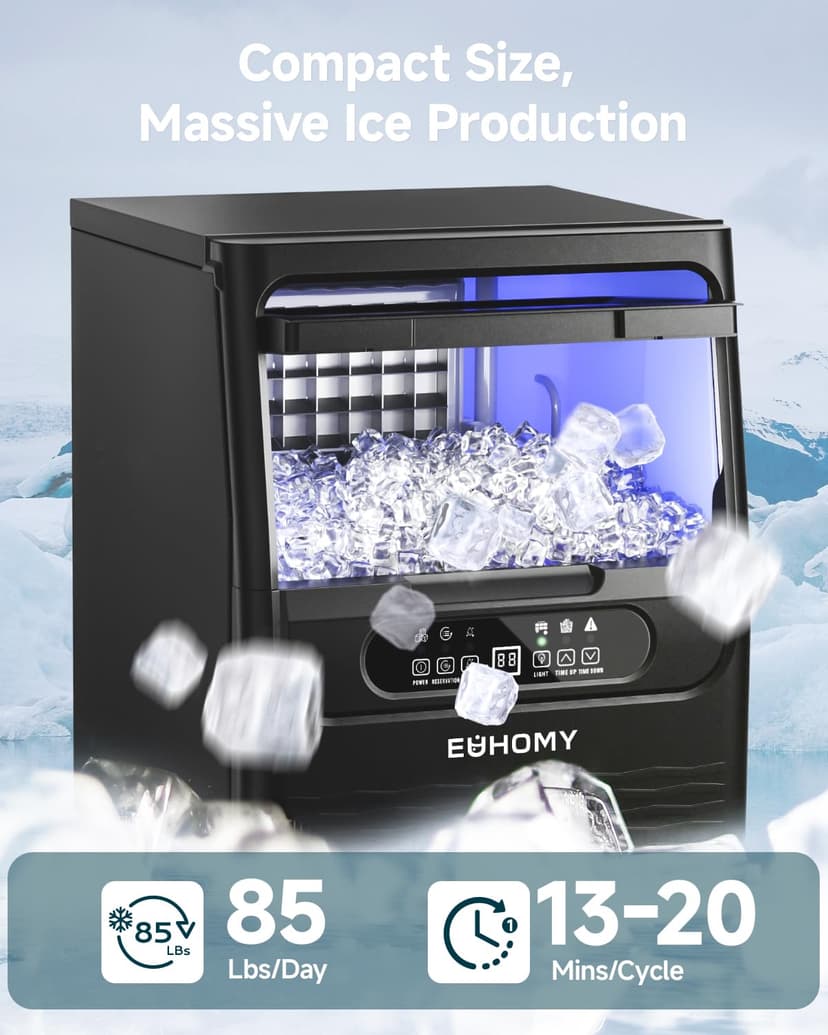 EUHOMY Commercial Ice Maker Machine,85lbs/24H,36 Ice Cubes in 8-12 Mins,Under Counter Ice Maker with Water Filter,12lbs Storage Capacity,Freestanding Ice Machine for Home/Bar/Cafe/Restaurant