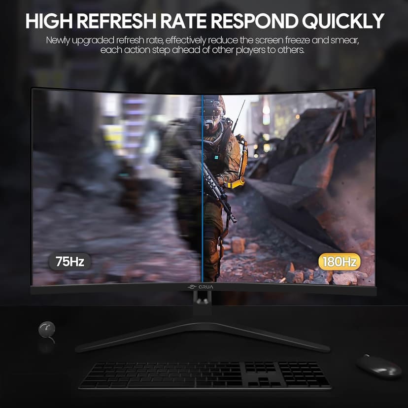 CRUA 27" Curved Gaming Monitor, FHD 1920x1080P, 144Hz/180Hz Computer Monitor, 1800R VA Screen, 120% sRGB, AMD FreeSync, HDMI & DP, Wall Mount Install- Black