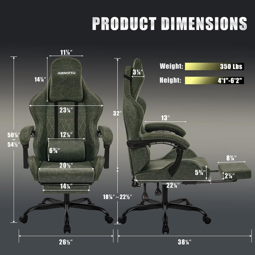 Gaming Chair Big and Tall, Green Leather Video Game Chairs with Footrest, Padded Linkage Armrests & Large Headrest, Ergonomic Computer Chair 350lbs for Adults Gaming or Office Use