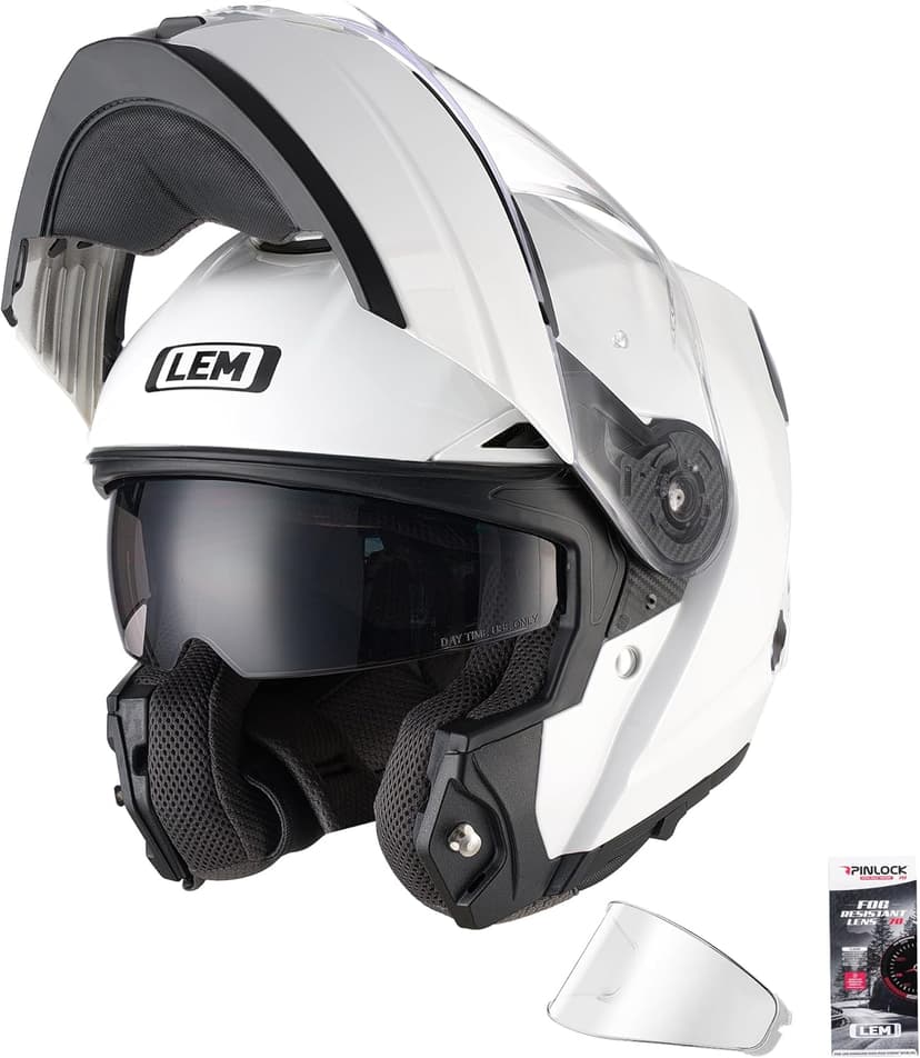 LEM Modular Motorcycle Helmets Fiberglass, Full Face Motorcycle Helmet Flip Up for Touring, DOT Certified, Release Sun Visor & Removable Comfort Liner, Lightweight Street Bike Helmet (White, M)