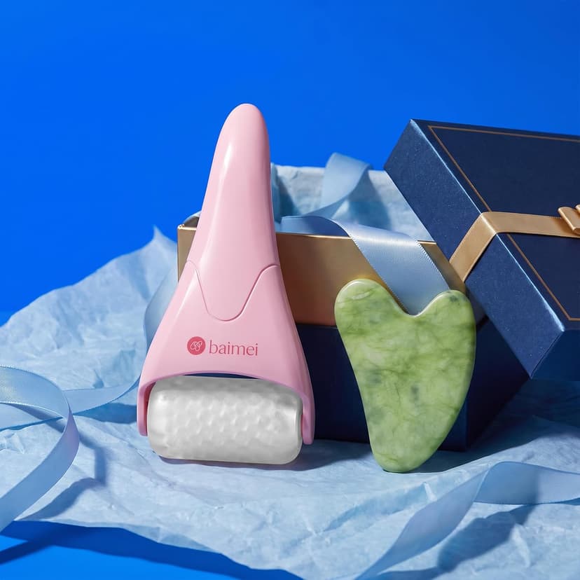BAIMEI IcyMe Ice Roller for Face and Gua Sha Facial Tool Set, Ice Face Roller Reduces Puffiness Relieves Migraines Skin Care Tools, Self Care Gift for Women - Pink