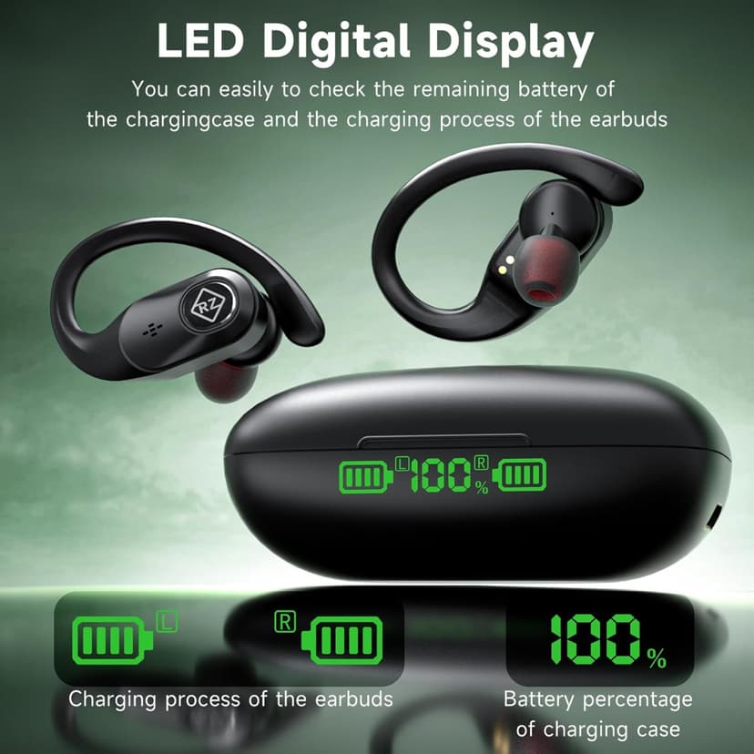 Wireless Earbuds Bluetooth Headphones 96H Playtime LED Display Waterproof Built in Mic Deep Bass Sound Secure Over Ear buds Earhooks for iPhone Android Samsung Cell Phones Sport Workout Gaming Running
