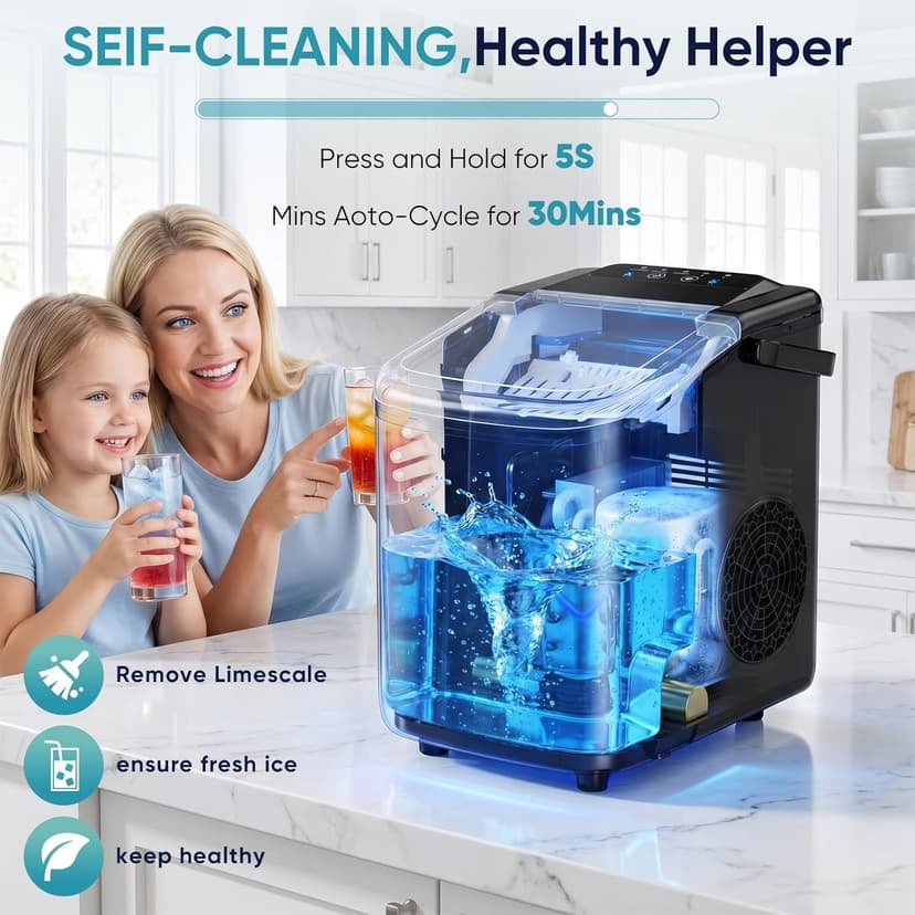 DUMOS Ice Maker Countertop, Ice Machine with Portable Handle, Basket and Scoop, 26lbs Daily, 9 Bullet Cubes in 6~8 Mins, Auto-Cleaning for Home, Kitchen, Office, Outdoors, RV Camping