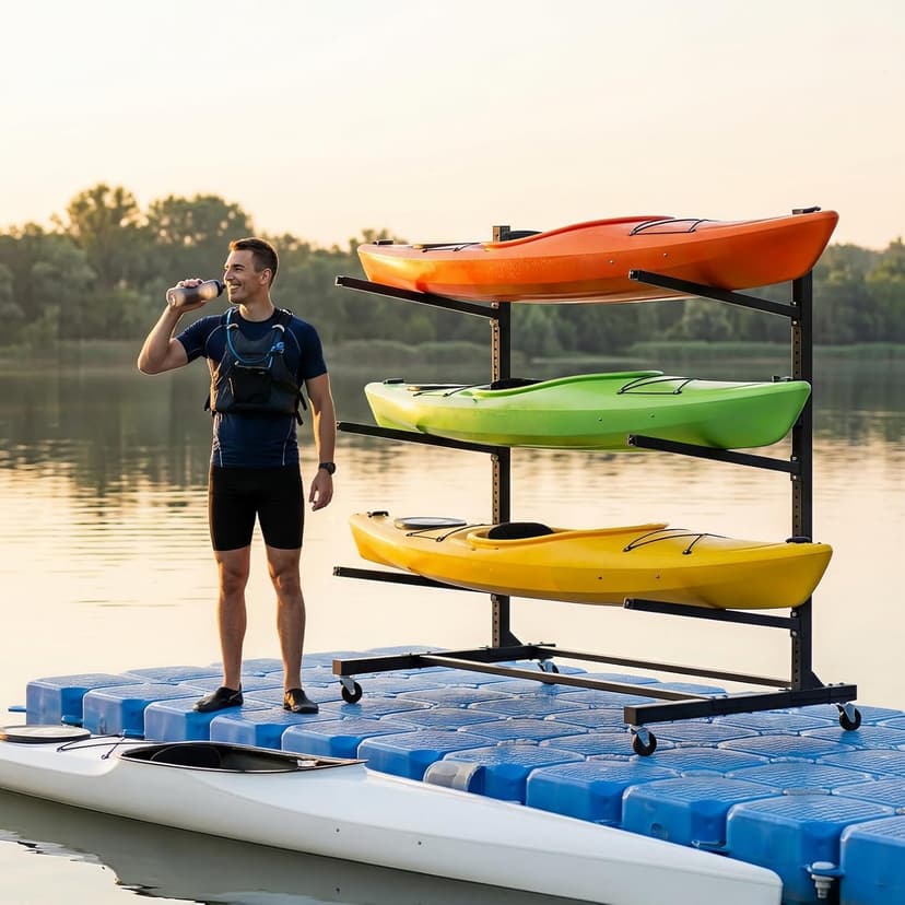 Kayak Storage Rack with Wheel, Adjustable Kayak Racks, Carbon Steel Water Sport Watercraft Storage Rack for Canoes or Surfboards