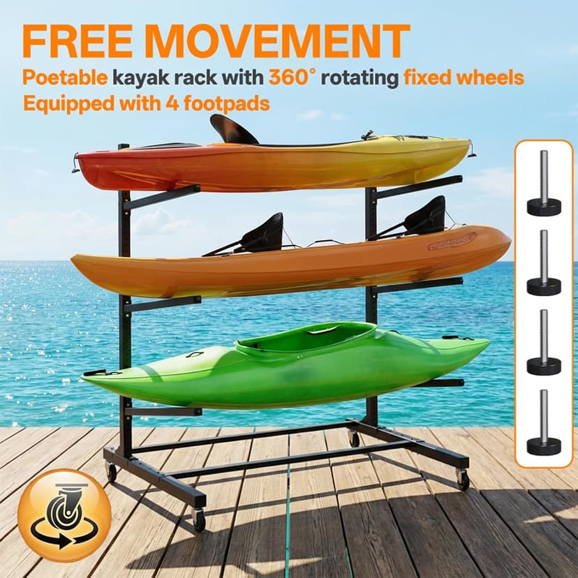 Kayak Storage Rack with Wheel, Adjustable Kayak Racks, Carbon Steel Water Sport Watercraft Storage Rack for Canoes or Surfboards