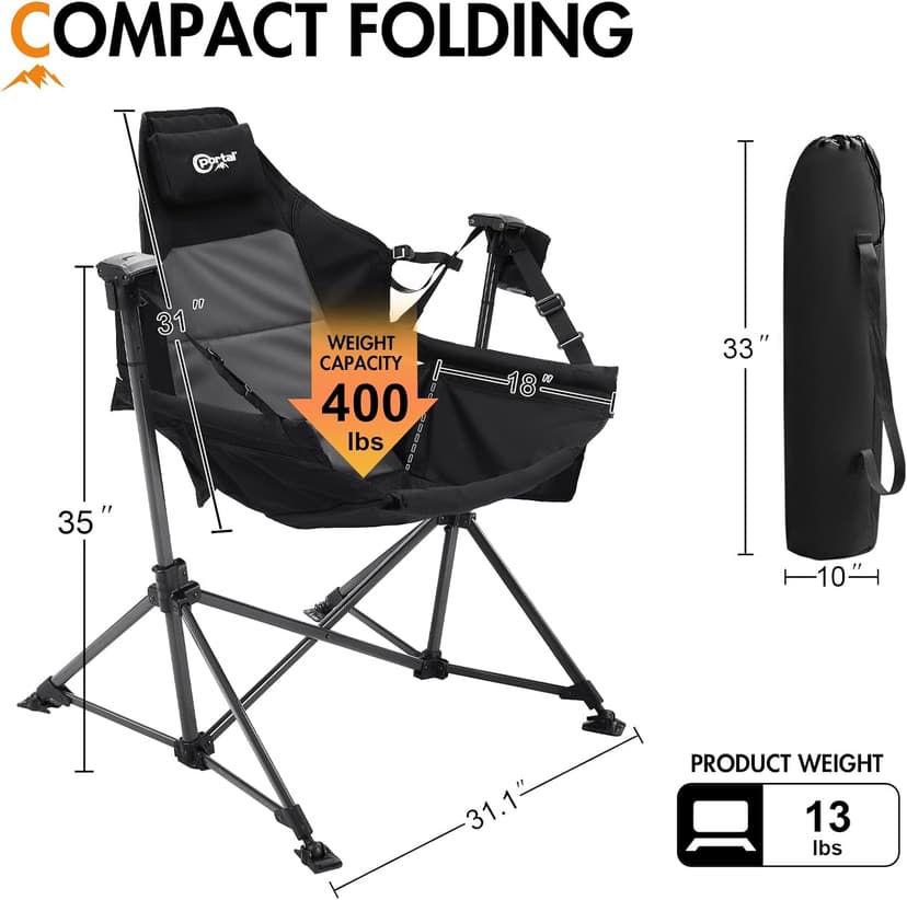 Portal Hammock Camping Chair Heavy Duty 400lbs - Swinging Chair Outdoor with Adjustable Recline & Headrest Pillow, Portable Hammock Swing Chair for Camping Beach Sports Events, Black