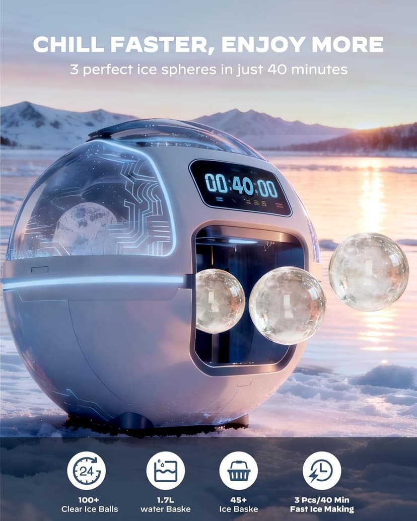 Silonn 2.4″ Sphere Ice Maker, Clear Ice Ball Maker with Slow-Melting, 3 pcs in 40 Mins, 100 pcs/Day, Crystal Sphere & Rapid Sphere Technology, Self-Cleaning Ice Maker Countertop Ideal for Whiskey