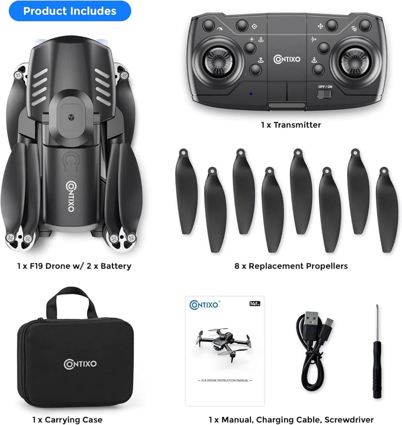 Contixo F19 Drone With 1080p HD FPV Camera, 20 Min Flight 360° Flips Brushless Motor RC Quadcopter With Altitude Hold, Obstacle Avoidance, Follow Me For Novice Beginner's Kids And Adults, 2 Batteries