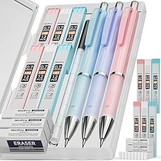 Nicpro 3PCS Cute Mechanical Pencil Set with Case, 0.7 mm Pencils with 6 Tube HB Lead Refill, 3PCS Eraser, 9PCS Eraser Refill for School Supplies Student Writing, Drafting Drawing Sketching