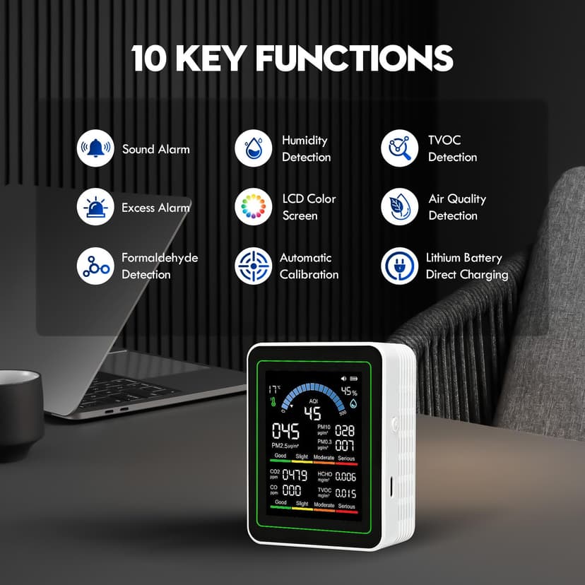 10 in 1 Indoor Air Quality Monitor, Portable Smartair Indoor Air Quality Tester, Portable Real-Time Detector, with AQI Fit for Home Cars Hotel Plants and Pets-White