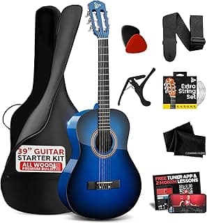 Pyle Beginner Acoustic Guitar Kit, 4/4 Full Size All Wood Build Nylon String Instrument with Capo, Strap, Extra String Set, Gig Bag, Guitars for Beginners Adults Youth, 39" Blue Burst Gloss
