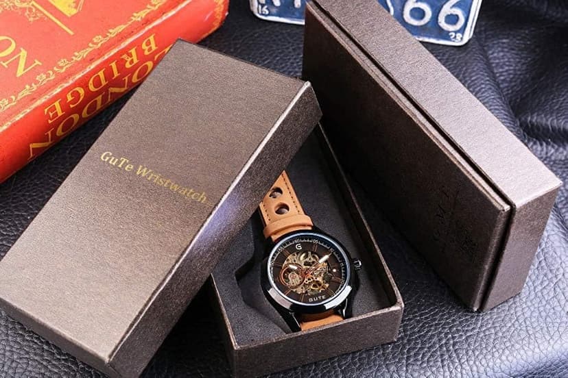 GLEIM Gute Mens Watches, Mechanical Skeleton Automatic Self-Winding Steampunk Watch for Men, Casual Clock Brown Leather Wrist Watch