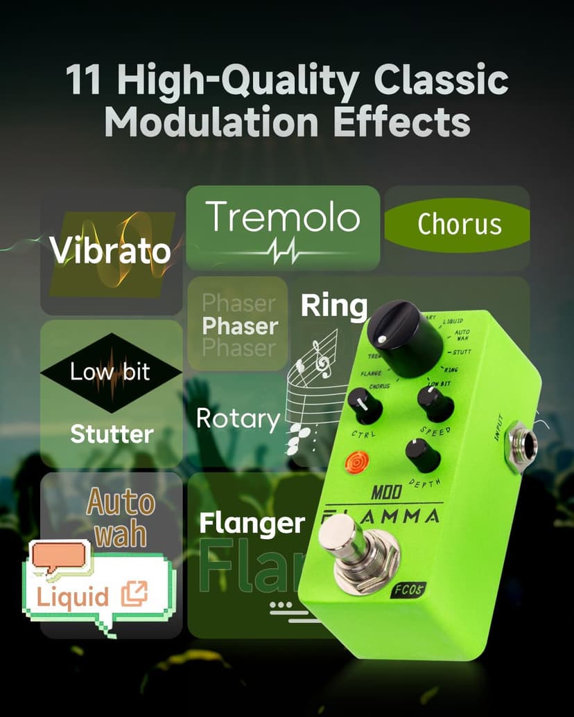 FLAMMA FC05 Mini Modulation Pedal with Chorus Flanger Tremolo Phaser Vibrato Rotary Liquid Autowah Stutter Ring LowBit