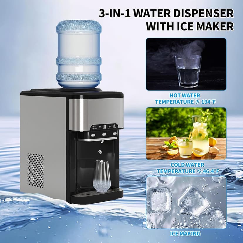TABU 3-in-1 Countertop Water Dispenser&Ice Maker with 3 Temp Settings, 44LBS/24H, 4LBS Storage, Top-Loading, for 3-5 Gallon Bottles