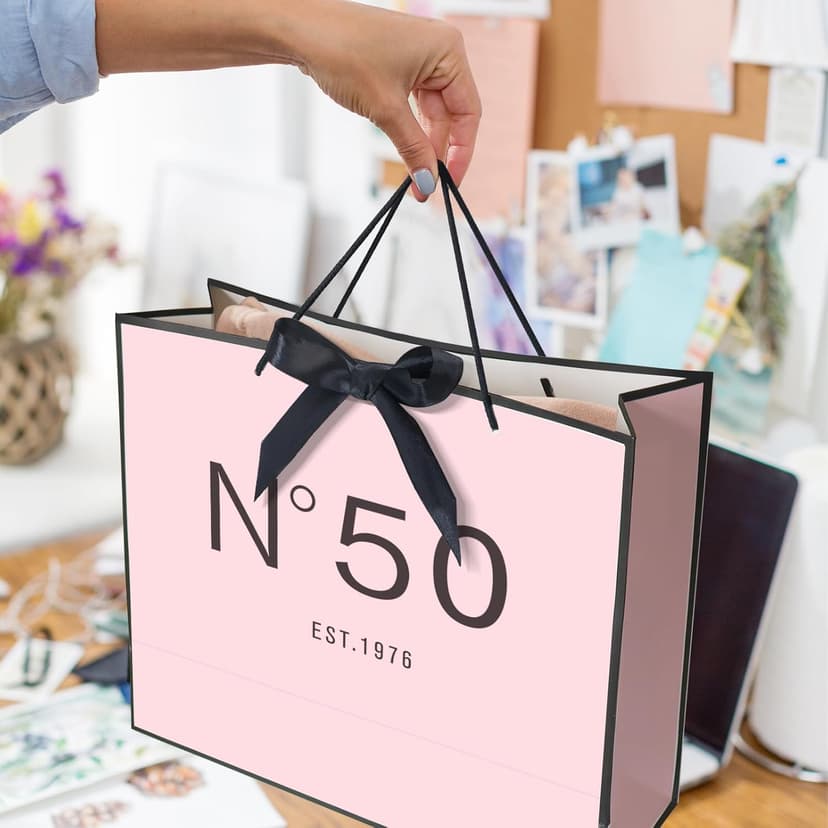 13" Birthday Gift Bag with Card Envelope Sticker Bow Ribbon and Tissue papers for Women Girls Design with Handles,13th-100th (EST.1975 50th, 13" W x 10.5" H x 4.3" D)