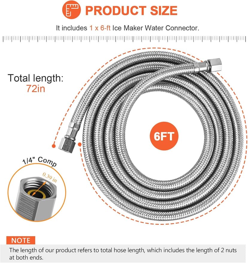 UPGRADE Ice Maker Water Connector Line by Beaquicy - 6 FT (72-Inch) Stainless Steel Braided Hoses with 1/4-in Compression x 1/4-in Compression