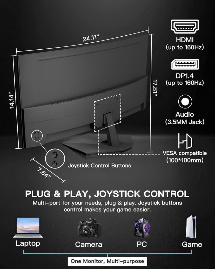 SANSUI 27 Inch Curved 160Hz Gaming Monitor, 1500R Curved Computer Gaming Monitor FHD 1080P, 4000:1, 110% sRGB, FPS/RTS, 1Ms MPRT|FreeSync|HDR|Low Blue Light|HDMI DP| VESA Support, HDMI Cable Incl.