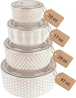 Narbonne Collection, Stackable, For Prep & Serving, 10/17/29/47 oz, Leak-Proof Lids, Steam Vent, Microwave & Dishwasher Safe KooK Ceramic Nesting Bowls with Lids, Embossed Stoneware, Set of 4, Ivory B0BJS6M86W