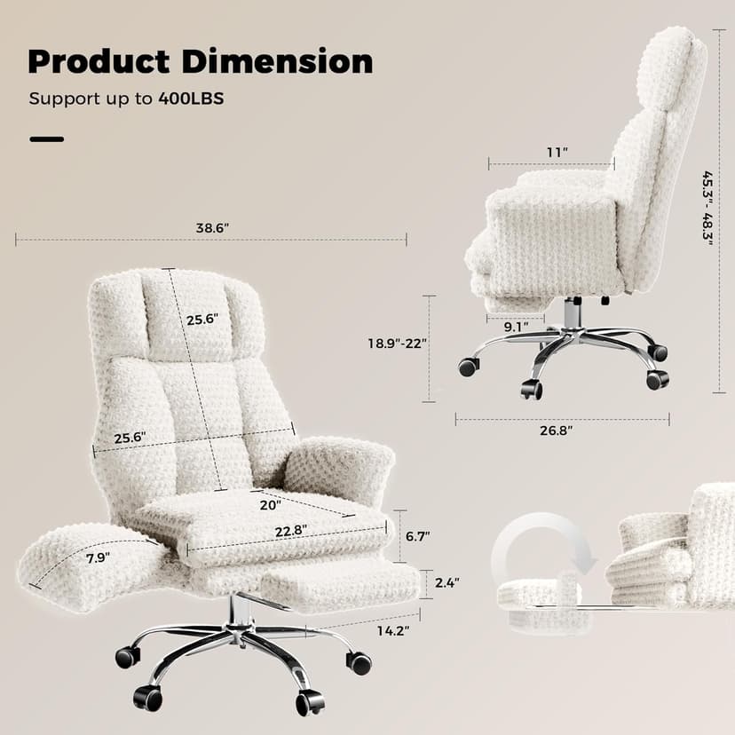 HOMRELEXA Big and Tall Office Chair, Flip Armrests for Pets & Cross Legged Sitting, Executive Ergonomic Computer Gaming Chair with Foot Rest, White Rose Velvet Wide Seat Reclining Desk Chair