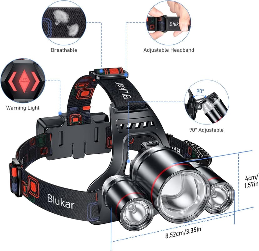 Blukar LED Rechargeable Headlamp,Super Bright Rechargeable Headlight Flashlight-3 Lights 5 Modes,Zoomable,Spotlight&Floodlight Combination,IPX6 Waterproof,20+Hrs Runtime for Running,Hiking,Camping etc