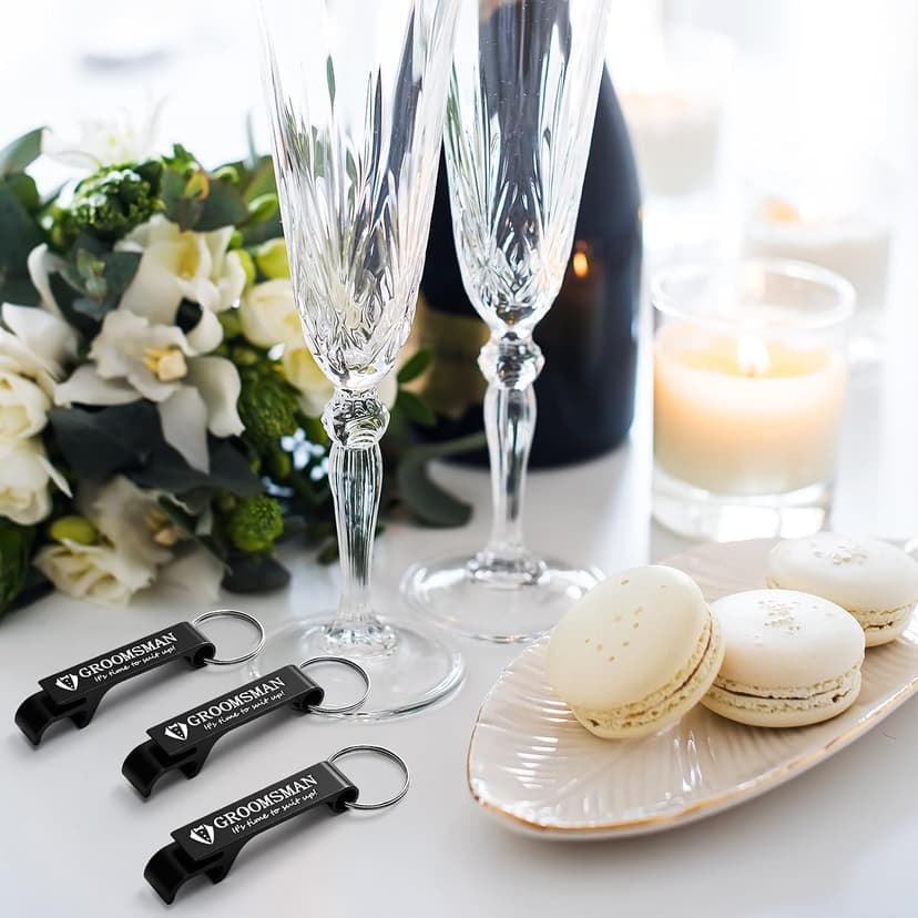 Aluminum Beer Wine Opener for Mens Bachelor Party, Groomsmen Proposal Gift Set Includes 9 Groomsman and 1 Best Man Jingmore 10 Pcs Groomsmen Bottle Opener Keychain Wedding Party Bulk, Black B0FQNWRHCS