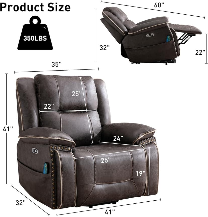Bonzy Home Power Lift Recliner Chair for Elderly with Massage and Heating, Dual Motor Faux Leather Lift Chair with Spacious Seat, 2 Cup Holders, Adjustable Headrest (Grey Brown)