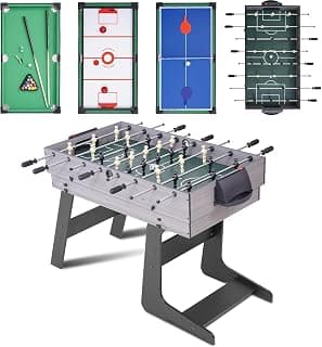 RAYKEEP Foldable Multi Game Table, 4-in-1 Combo Game Table Set with Ping Pong, Hockey, Pool Billiards and Foosball for Adults, Home, Game Room, Friends & Family