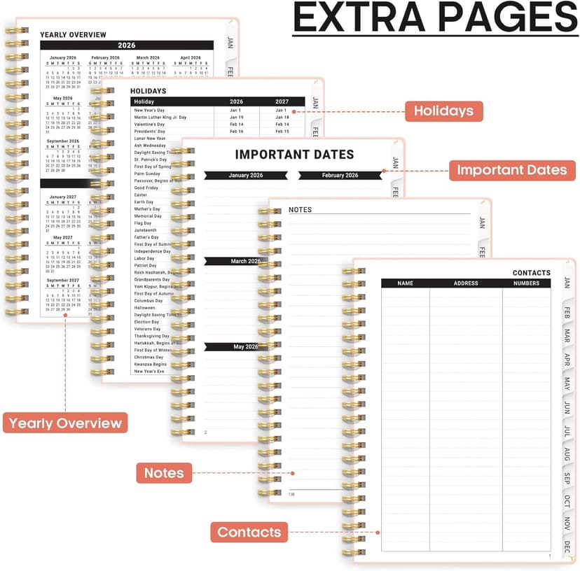 2026 Planner, Weekly and Monthly Calendar Planner, January 2026 - December 2026, Hardcover 2026 Calendar Book with Tabs For Women & Men, Inner Pocket, Spiral Bound, Perfect for Office Home School Supplies - A5 (6.3" x 8.5"), Pink