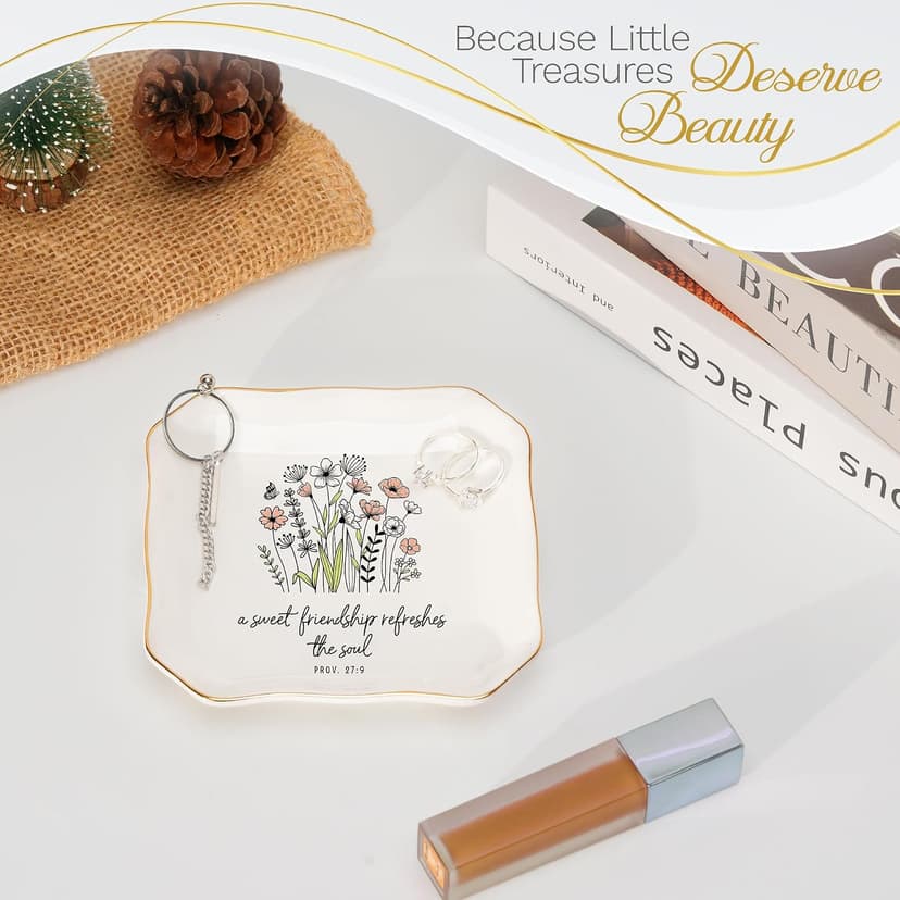 Soul Sister Gift for Women Christian - Sweet Friendship 4.5"X4.5" Floral Ceramic Jewelry Dish Tray - Tricket Dish HEXMOZ Friendship Gifts for Women Friends - Best Friend Birthday Gift Ideas B0FHHBVHR6