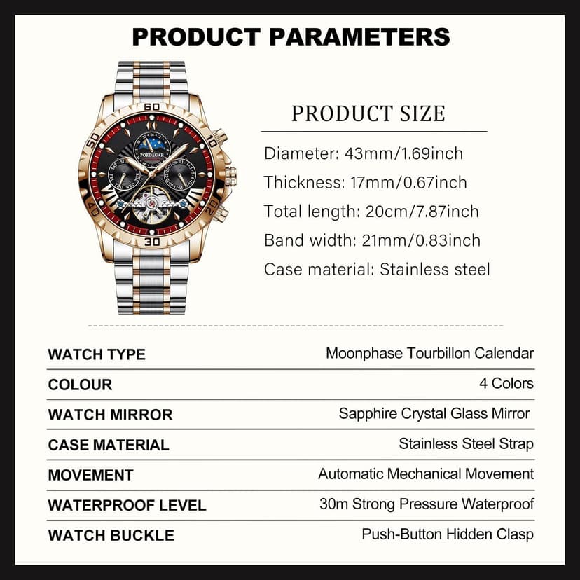 FORSINING Mechanical Men's Watch, Moon Phase Tourbillon Automatic Self-Wind Wristwatch, Luxury Stainless Steel Band 43mm Big Dial Mens Wrist Watch with 3 Sub Dial