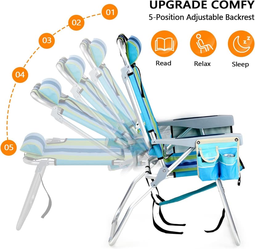 VINGLI Tall Beach Chair 2 Pack Lightweight, Backpack Beach Chair for Adults with 5-Position, Cooler Bag, Cup Holders, Towel Bar, Lightweight Folding Beach Camping Chairs (Blue/Green-16