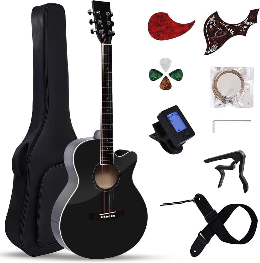 41" Acoustic Guitar for Beginners Adult Full Size Cutaway Guitarra Acustica Bundle with Gig Bag, Tuner, Strap, Strings, Picks,Capo, Black
