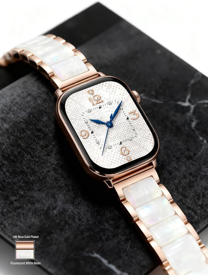 V.R.HOPE Apple Watch Band for Women 38mm 40mm 41mm 42mm Fashion Rose Gold Stainless Steel Metal Strap with Resin Inlay, Fashion Bracelet Compatible with iWatch Series 11/10/9/8/7/6/5/4/3/2/1/SE (Fluorescent White+Rose Gold)