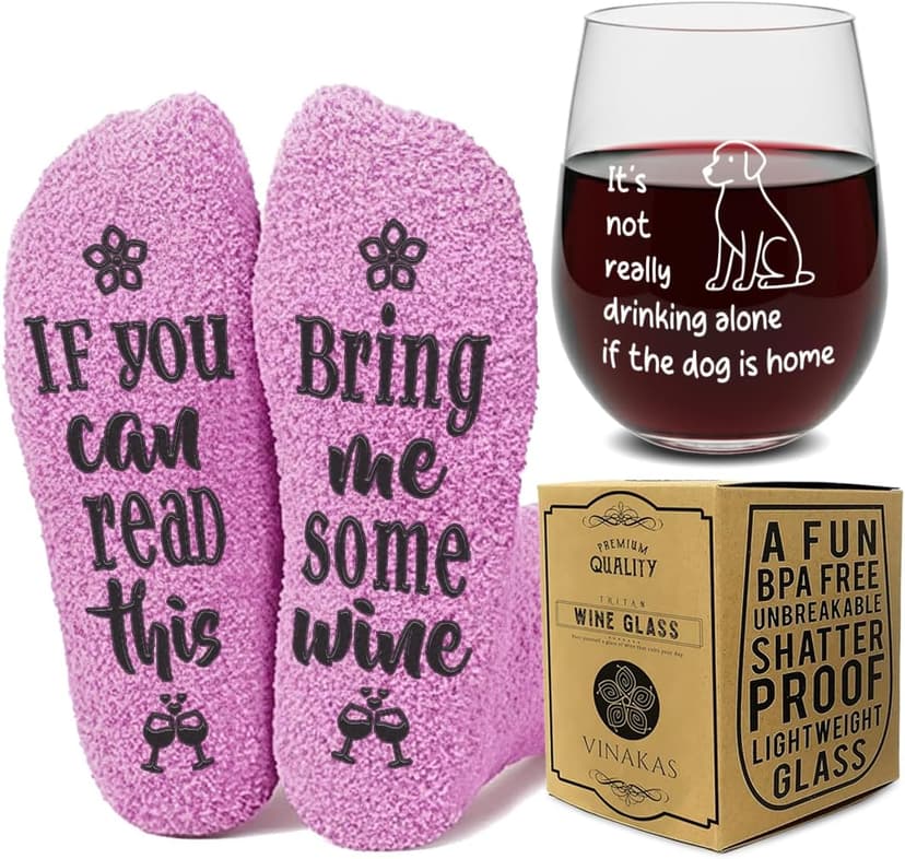 FUNNY WINE GLASSES + WINE SOCKS -16 oz Unbreakable Stemless Wine Glass With Sayings & Fuzzy Girl Socks “If You Can Read This, Bring Me Some Wine"