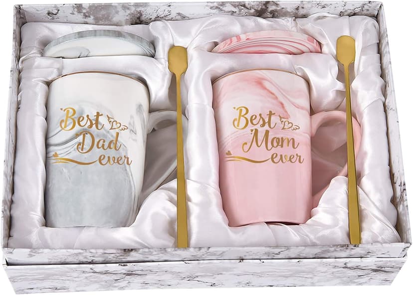 YHRJWN Mom and Dad Gifts, Best Dad and Mom Mug, Christmas Birthday Gifts for Parents from Daughter Son New Parent Couple Gift Set, Christmas 14 Oz Coffee Mug with Gift Box Coaster Spoon