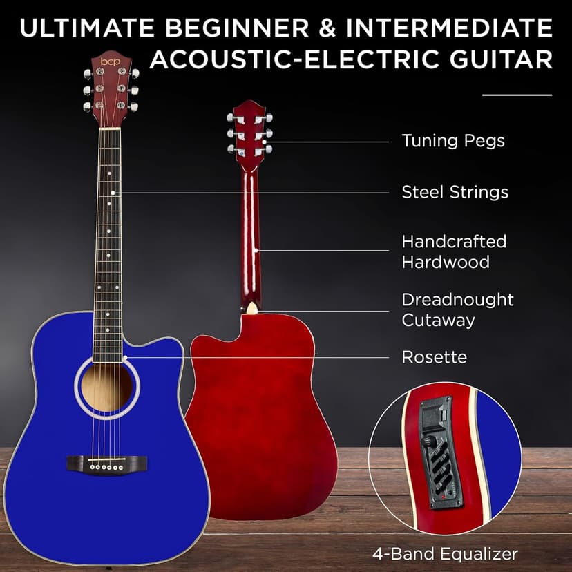 Best Choice Products Beginner Acoustic Electric Guitar Starter Set w/ 41in, All Wood Cutaway Design, Gig Bag, Strap, Picks - Dark Blue