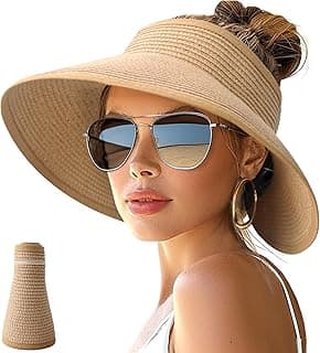 NPJY Sun Hats for Women Wide Brim Roll-Up Beach Ponytail Hat Packable Foldable Travel Straw Visor