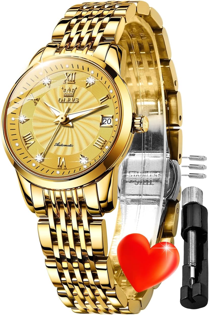 OLEVS Womens Automatic Watches Gold Classic Diamond Ladies Self Winding Mechanical Two Tone Stainless Steel Wrist Watch Date