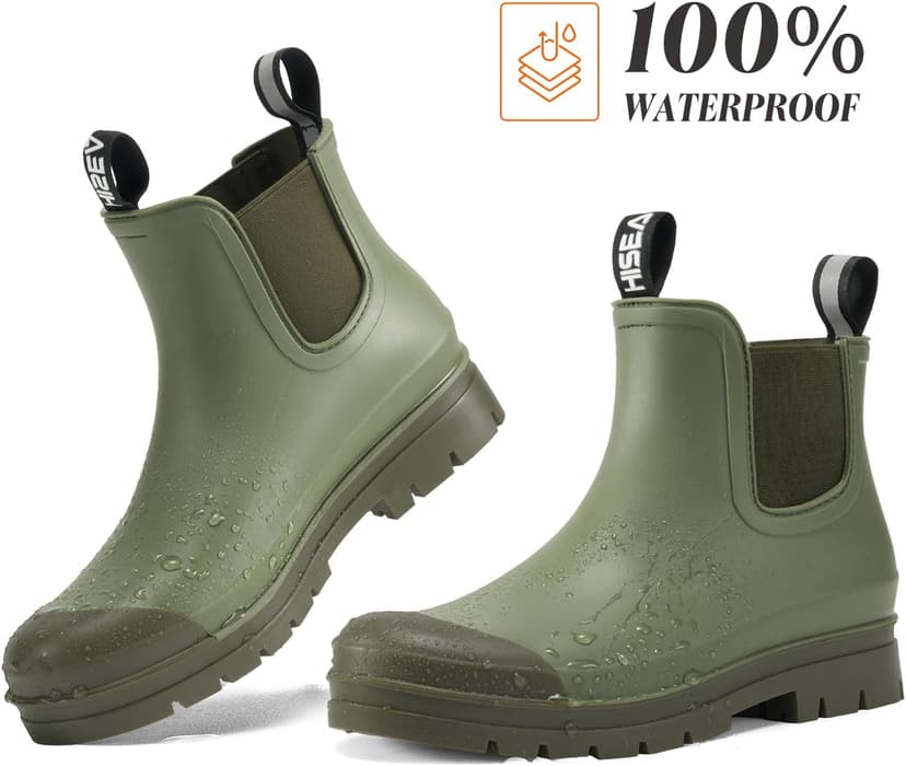 HISEA Women's Short Rain Boots Fashion Waterproof Chelsea Boots Ankle Garden Shoes for Ladies Non Slip Outdoor Work Booties Lightweight Rubber Rainboots with Comfort Insole