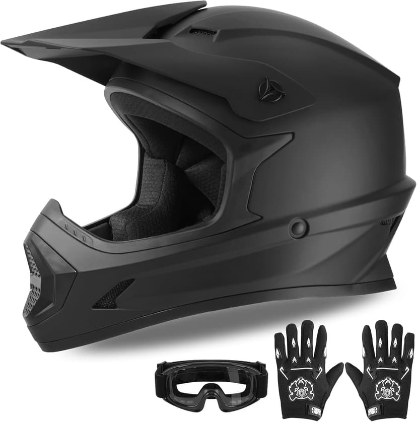 XFMT Kids Dirt Bike Helmet Youth Motorcycle Helmet DOT-Certified Full Face Helmets for Motocross ATV Off-Road Street Bike with Goggles & Gloves, Matte Black Small